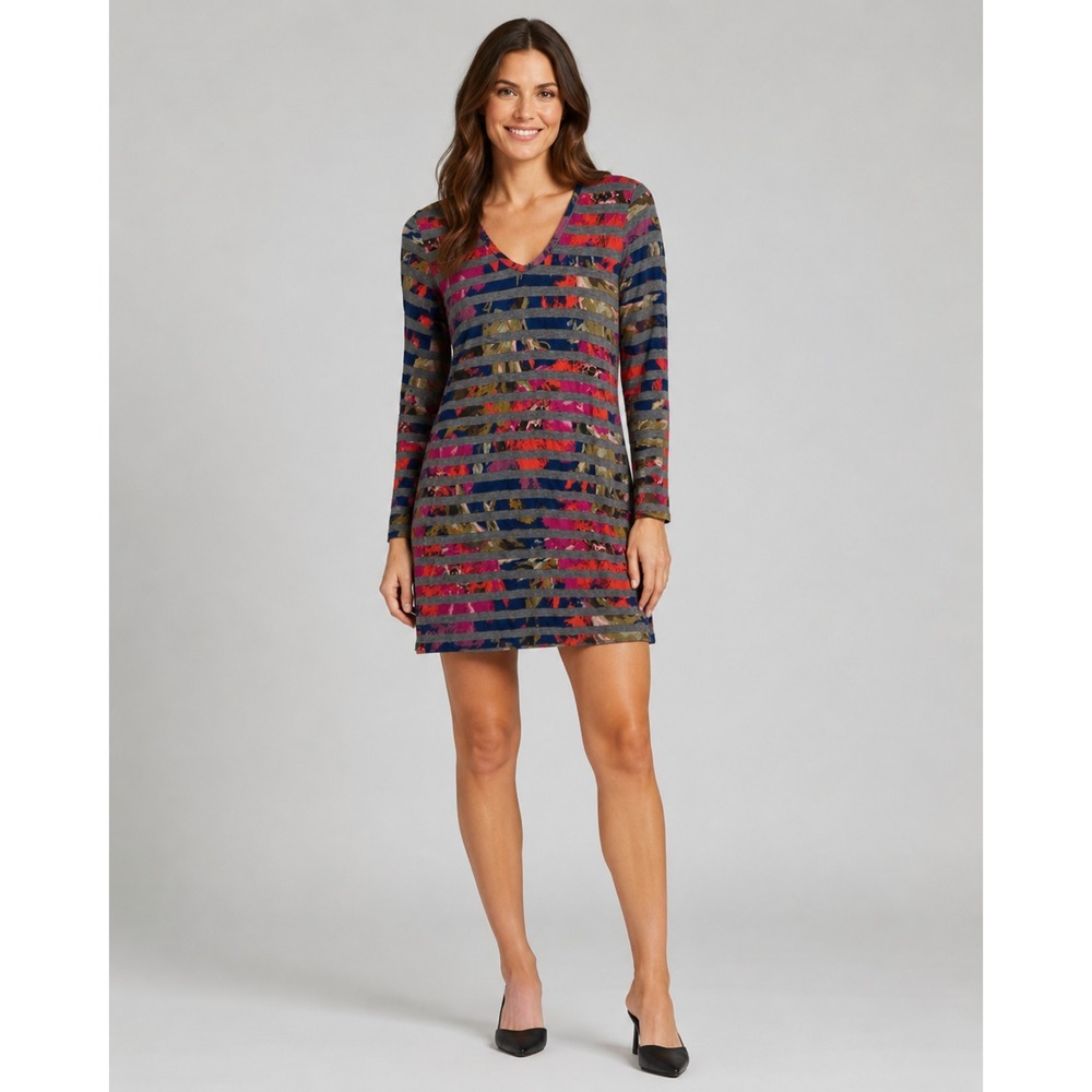 Trina Turk Dress Small Blue Gray‎ Stripe Floral Print Resort Vaca Artsy
